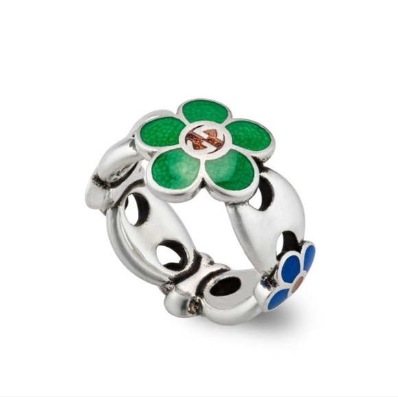 Gucci Flower Ring In Green Enamel and Sterling Silver Size 6 - Picture 1 of 10